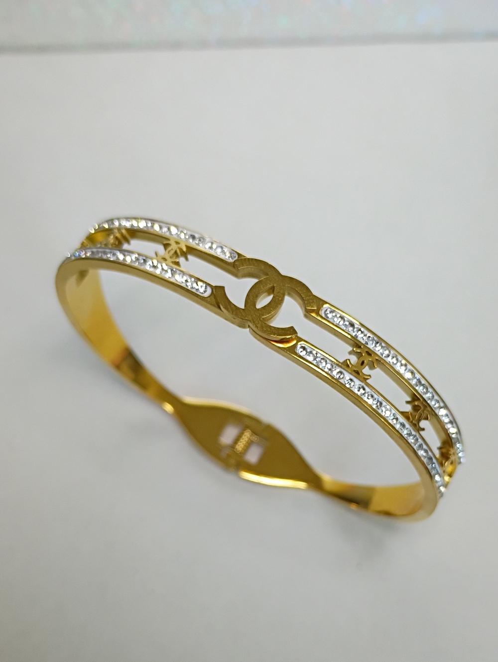 New Gold-Tone Double Row Crystal Bangle Bracelet with Interlocking Logo